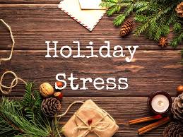 Holiday Stress concept image featuring wrapped gifts, pine branches, pinecones, and envelopes arranged on a rustic wooden table with the words ‘Holiday Stress’ written in white text.